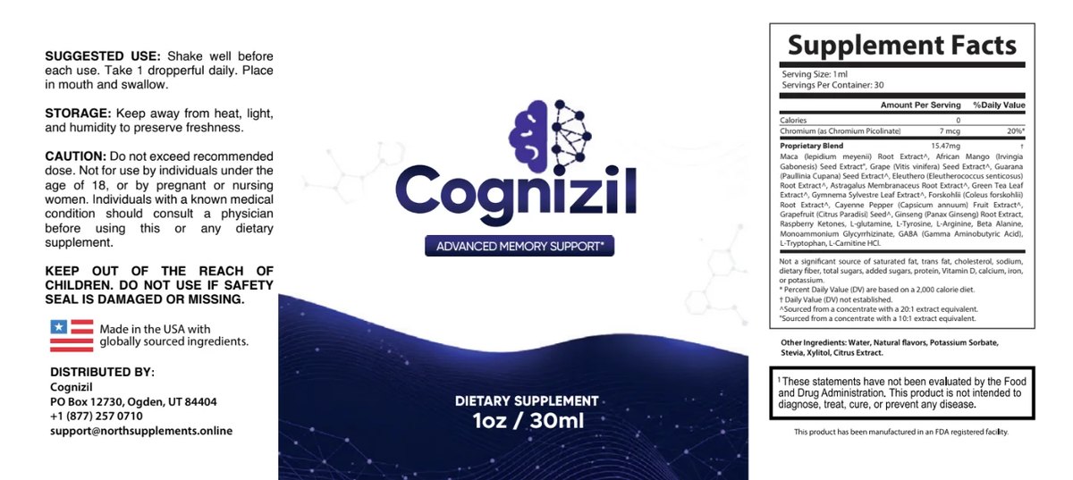 Cognizil supplement facts panel and label wrap, showing chromium 7 mcg and a 15.47 mg proprietary blend